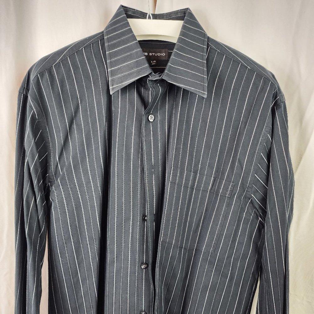 MB Studio black with white striped dress shirt, size Large.